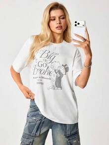 1 pieza MONOPOLY X 356T Camiseta Casual Holgada para Mujer con Estampado de Frases y Dibujos Animados, Cuello Redondo, Manga Corta, 180g 100% Algodón - Blanco - Ver 1