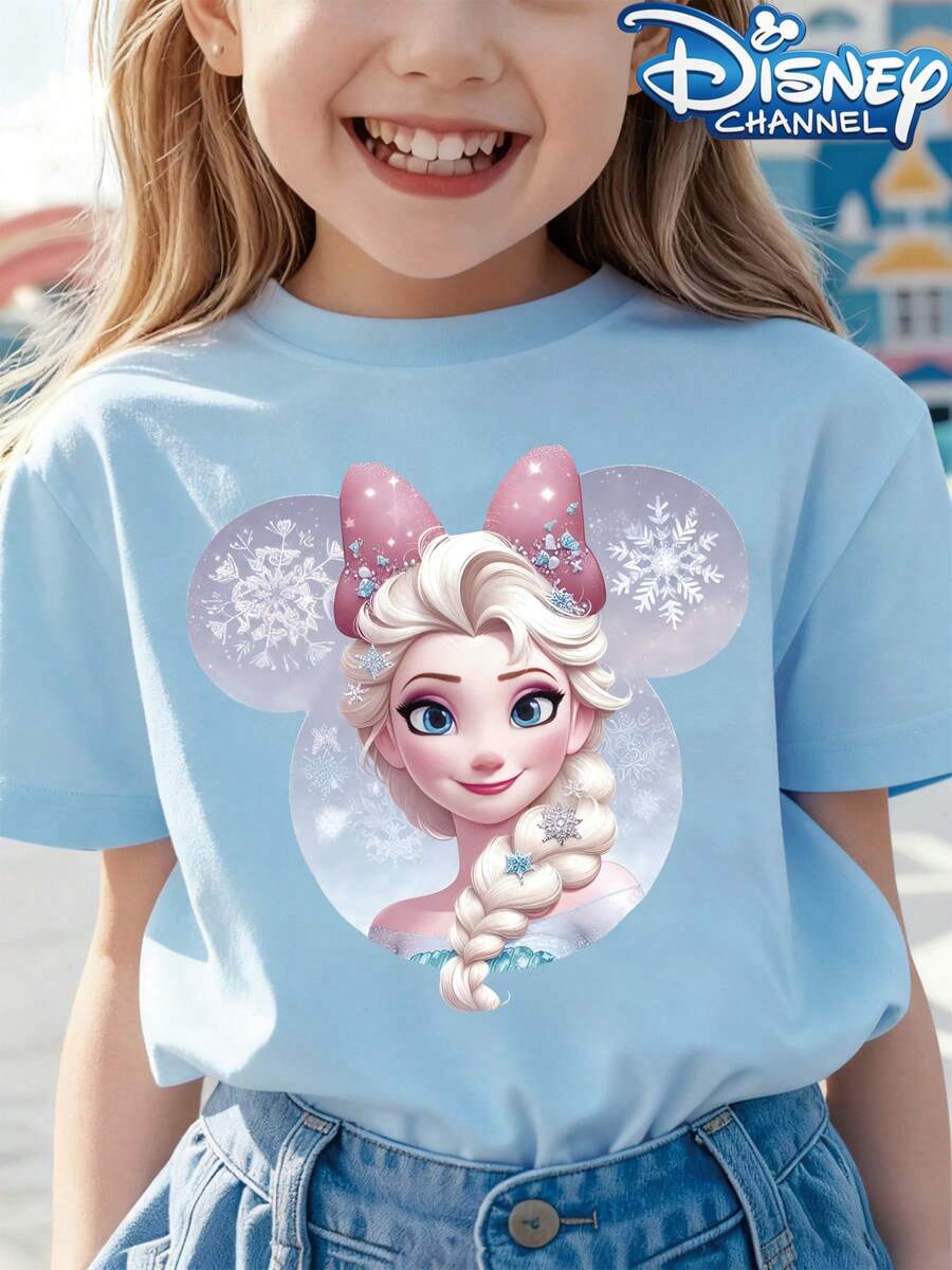 [Authorized] Frozen Elsa Print Disney Girls' Summer Round Neck Casual T-Shirt For Children, Slightly Stretchy Fabric, Suitable For Birthday Gifts, Ideal For Daily Activities, Sports, And Travel, Summer T-Shirts For Girls - Màu xanh nhạt - Xem 1
