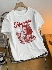 White Cotton T-Shirt With Retro Design "Mamacita Needs A Margarita", Fun And Casual Style For Parties And Everyday Wear, Women's Tops - 白色 - 查看 2