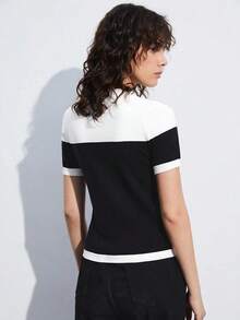 Blusa de punto para mujer, en bloque de color negro y beige, ajustada, versátil para el transporte urbano, casual de negocios, prenda exterior básica, atuendo elegante de mujer en otoño/invierno - Blanco y Negro - Ver 4