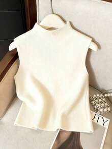 Suéter de mujer de punto con cuello alto, diseño de botones, sin mangas, suelto y casual, color rojo, para primavera/otoño - Beis - Ver 2
