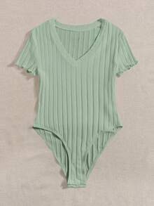 Body De Punto Acanalado Sólido Con Cuello En V Para El Verano - verde menta - Ver 3