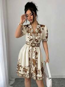 Conjunto de vestido corto de manga corta con cintura ceñida y estampado floral azul y blanco, elegante y romántico para vacaciones, primavera/verano - Multicolor 5 - Ver 4