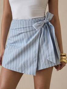 Shorts De Falda Envuelta Con Detalle De Nudo Bordado De Ojal Para Verano - Azul - Ver 8