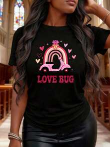 Women's Summer Short Sleeve T-Shirts, Fun Printed Crew Neck T-Shirts, Love Bug Design, Pink Scooter, Rainbow Heart, Casual Fashion Graphic T-Shirt For Women, Valentine's Day Gift For Her, Suitable As A Holiday Gift, Vintage Women's Tops. - 黑色 - 查看 5