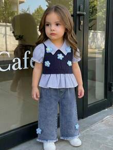 Girls Korean Style Striped Patchwork 2 In 1 Top And Wide Leg Jeans With 3D Floral Decor, 2pcs Set - Royal Blue - View 11