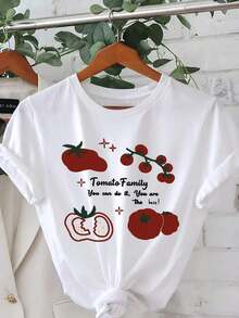 Una camiseta casual de manga corta y cuello redondo para mujer con un vibrante estampado de tomates, perfecta para primavera y verano. Adecuada para primavera, verano y otoño. - Blanco - Ver 2