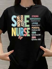 100% algodón puro, Camiseta de mujer "Ella es una enfermera fuerte, compasiva, amable, pacífica, bondosa, enfermera cristiana" Regalo para enfermeras, estudiantes de enfermería, cumpleaños, Navidad, regalo de vacaciones para mujeres. - Negro - Ver 6