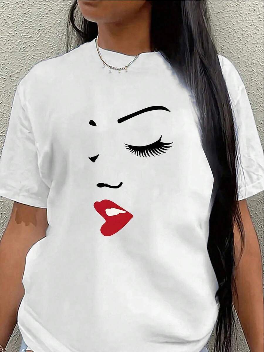 Short-Sleeved Polyester T-Shirt With A Striking Printed Design, Lightweight And Durable, Suitable For Casual Wear At Home Or In Restaurants, A Fashionable Piece Adorned With Red Details. Women's Casual Blouse - 白色 - 查看 1