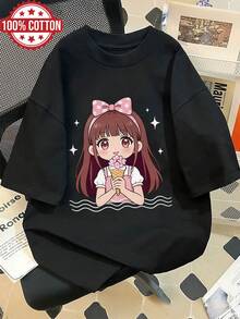 Camiseta Oversized de Verano para Mujer, Estilo Japonés Tierno, Lazo, Estampado de Cerezos y Helado, Cuello Redondo, Manga Corta, Hombros CaídosDaily Casual Round Neck Short Sleeve-Shirt Women - Negro - Ver 1