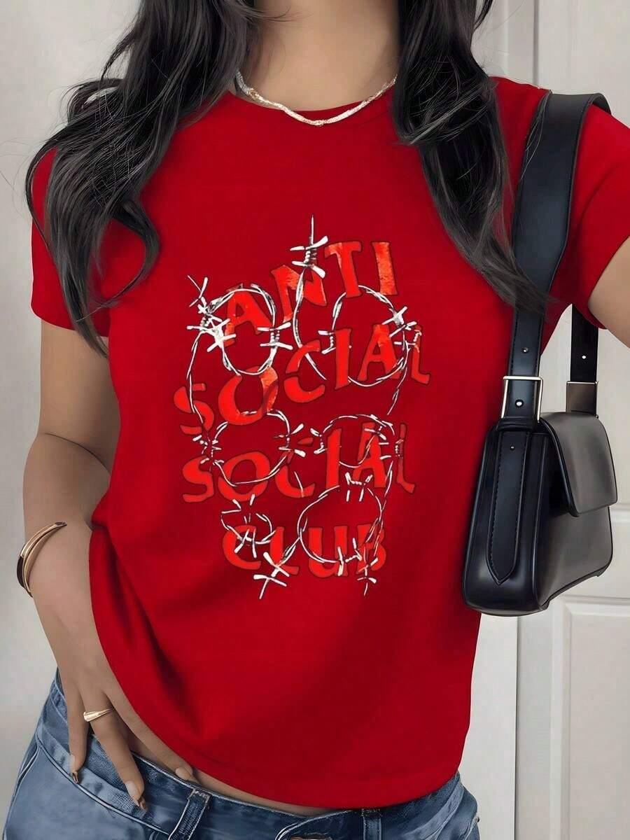Anti-Social Barbed Wire Graphic Print T-Shirt, 180g, 1 Piece, Women's Casual Urban Clothing, 100% Cotton, Minimalist Urban Style - 紅色 - 查看 1