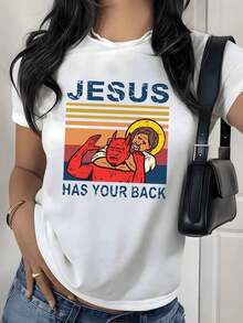 Vintage T-Shirt With Religious Graphic Print, 180g, 1 Piece, Faith-Inspired, Women's, Casual, 100% Cotton, Urban Retro Style - 白色 - 查看 9