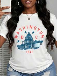 Camiseta gráfica con el edificio del Capitolio de Washington DC de 1871 para mujer, estilo casual de manga corta - Estilo vintage urbano, unisex, holgada, de algodón 100% con cuello redondo. - Blanco - Ver 3