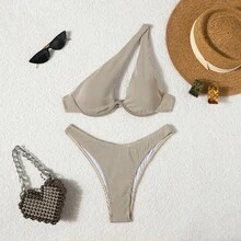 Traje de baño de dos piezas para mujer, de nueva moda, sexy, de un solo hombro, de color sólido, bikini de alta gama para playa. - Bikini asimétrico de color liso con estampado transfronterizo - Ver 1