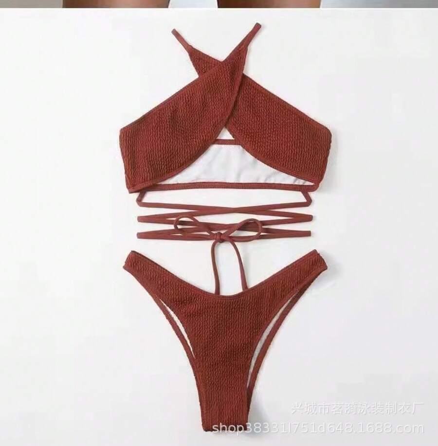 Nuevo bikini sexy de dos piezas con tiras cruzadas y tela ondulada multicolor, traje de baño moderno para mujer. - marrón - Ver 1