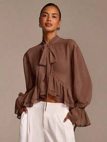 Camisa de manga larga con volantes rosa para mujer con pañuelo de gasa anudado, blusa elegante y casual de estilo romántico bohemio con volantes transparentes - Marrón - Ver 5