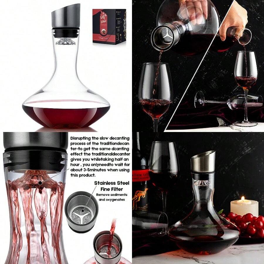 Decantador de vino jarra de vino tinto decantador con aireador integrado 100% vidrio soplado a mano sin plomo con tapa de acero inoxidable filtro regalos de vino para hombres - Transparente - Ver 1