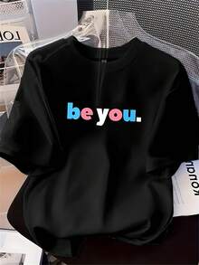 Camiseta de Cuello Redondo Oversize para Hombre y Mujer con Letras Coloridas - Camiseta Casual de Corte Holgado Adecuada para Todas las Temporadas, Lavable a Máquina, Ropa Casual Cómoda, Prenda Básica para el Guardarropa de Todo el Año (Unisex) - Negro - Ver 6