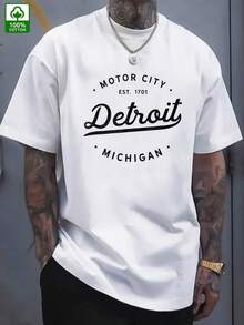 Camiseta Gráfica de Hombre con Diseño de Detroit, Michigan, Camiseta Casual de Verano de Algodón con Estampado Frontal, Corte Relajado para Ropa Informal - Blanco - Ver 8
