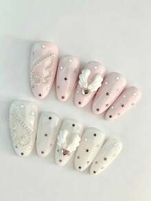 10pcs Medium Pink & White 3D Angel Wings Heart Rhinestone Star Decorated Cute Handmade Fake Nails, Suitable For Daily Wear, Perfect Holiday Gift For Women And Girls, DIY Nail Art, Nail Set, Includes Tool Kit, Fake Nails, Nail Supplies, Summer Nail Art, Pink Nails, White Nails, Handmade Nail Stickers Y2K, Back To School Nail Art, Simple Nail Art Techniques, Artificial Nails, Mass Produced, Handmade Acrylic Nail Art - Multicolor - View 2