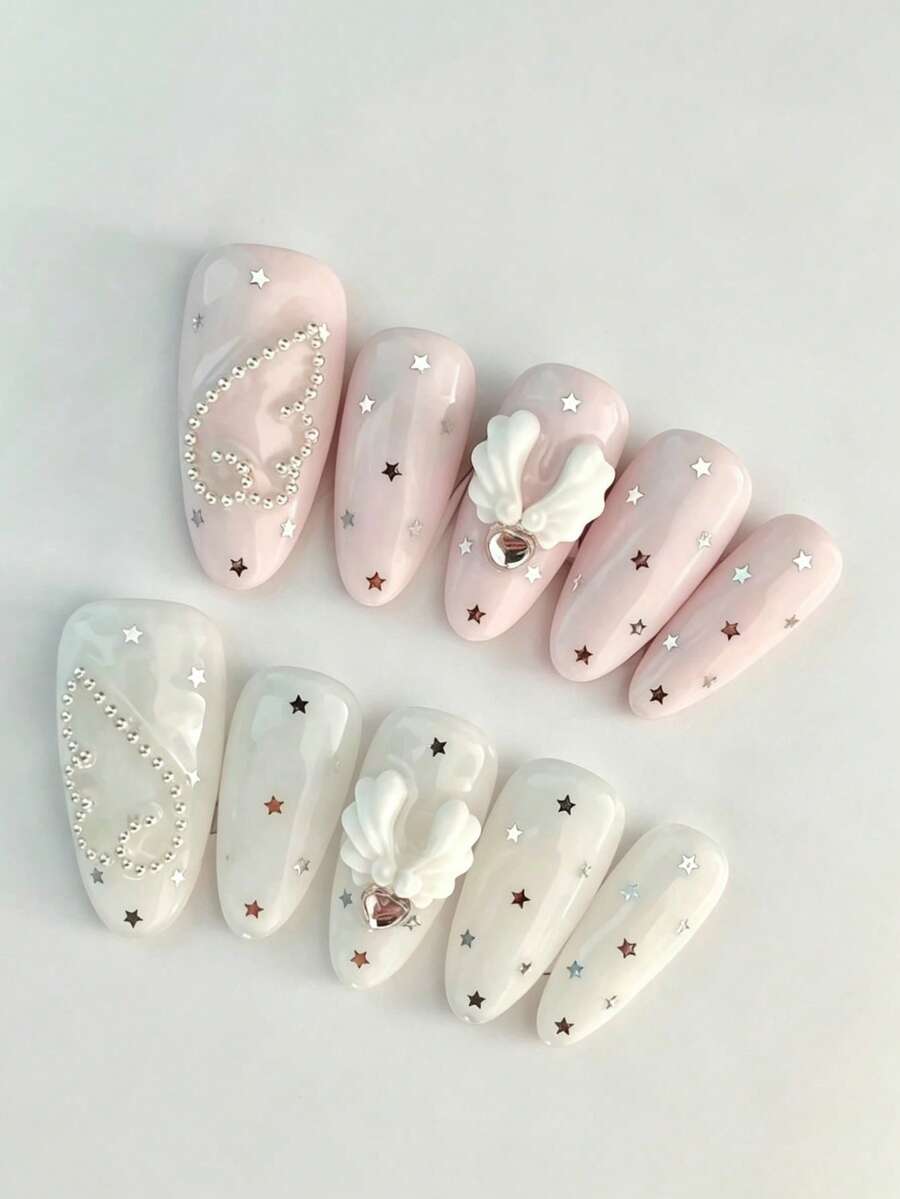 10pcs Medium Pink & White 3D Angel Wings Heart Rhinestone Star Decorated Cute Handmade Fake Nails, Suitable For Daily Wear, Perfect Holiday Gift For Women And Girls, DIY Nail Art, Nail Set, Includes Tool Kit, Fake Nails, Nail Supplies, Summer Nail Art, Pink Nails, White Nails, Handmade Nail Stickers Y2K, Back To School Nail Art, Simple Nail Art Techniques, Artificial Nails, Mass Produced, Handmade Acrylic Nail Art