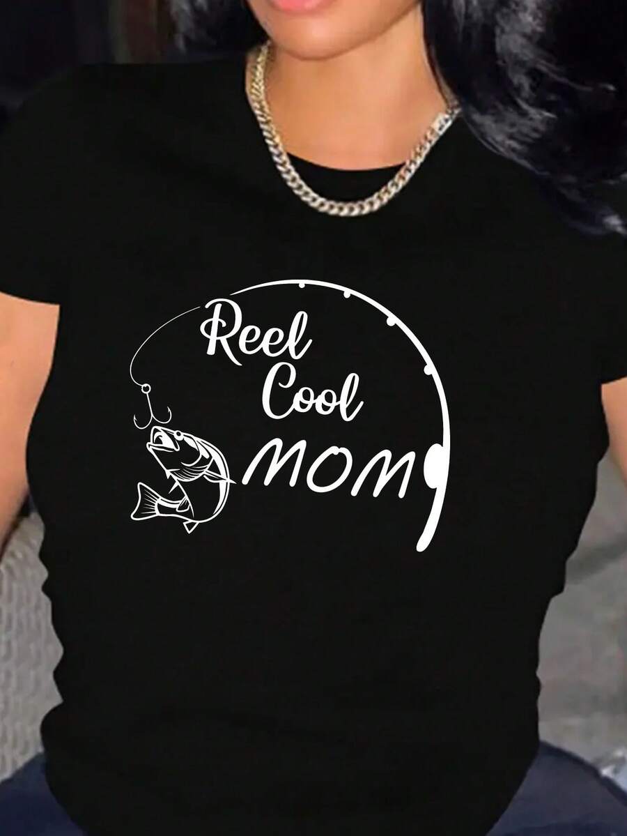Women's Oversized Cotton T-Shirts Fashion 2026 With Fishing Mom Print, Round Neck T-Shirt, Casual Short Sleeve Top For Spring And Summer, Women's Clothing, Comfortable, Soft And Simple Short Sleeve Top For Daily Wear. - 黑色 - 查看 1