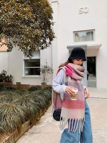 1件女款冬季圍巾，馬尾造型彩色條紋格紋仿喀什米爾披肩，加厚保暖，女款時尚流蘇刷毛圍巾 - 彩色 - 查看 5