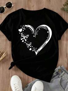 Camiseta Casual de Mujer con Estampado de Corazón y Mariposa, Top de Verano para Uso Diario - Negro - Ver 2