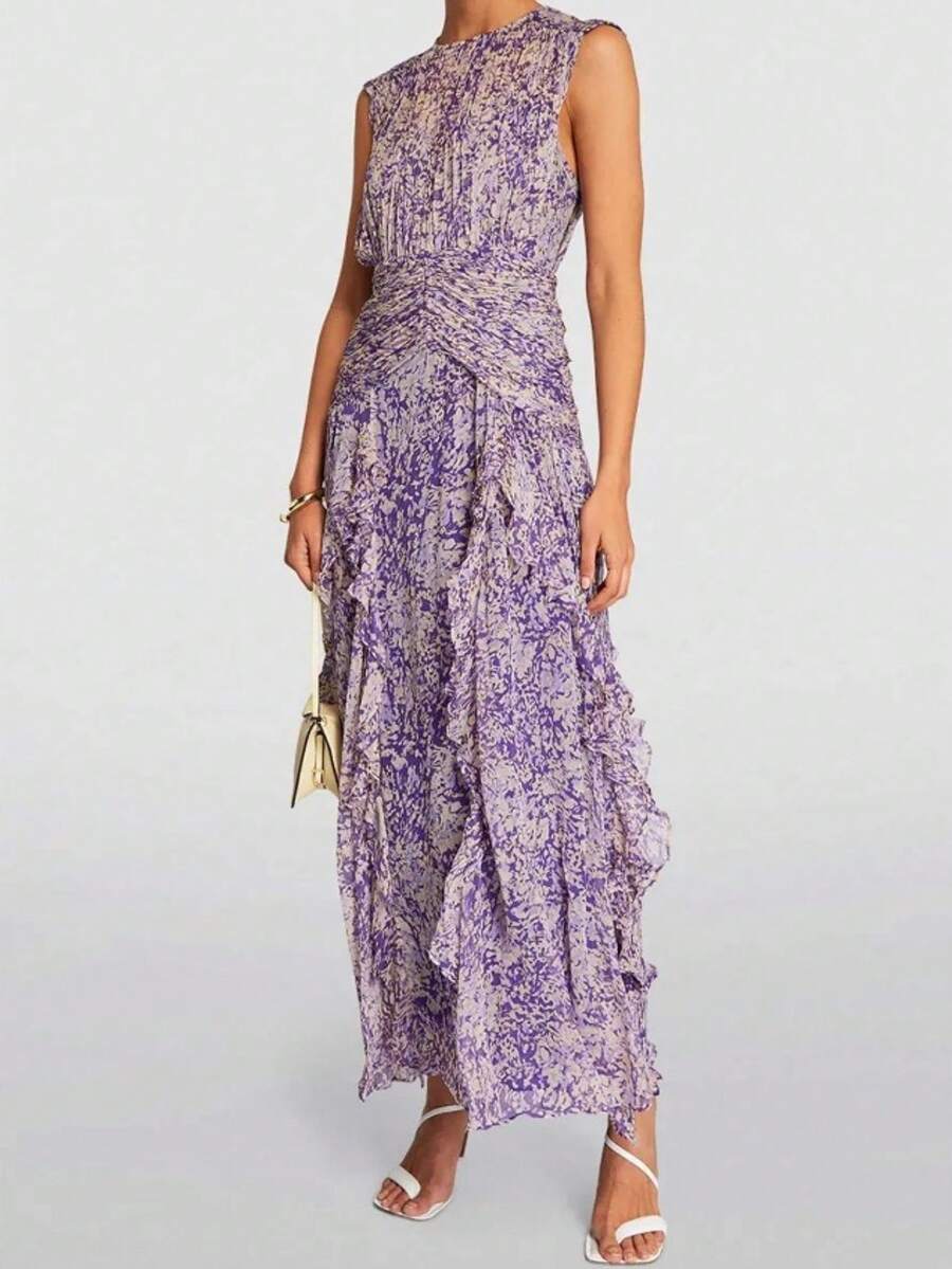 Vestido largo elegante gasa estampado cuello V hombros al descubierto estilo europeo primavera verano fiesta - Morado - Ver 1