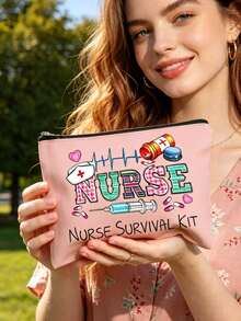 1pc,Nurse Survival Kit Cosmetic Bag - Colorful Plaid NURSE Letter Print Makeup Pouch With ECG Heartbeat, Syringe, Pill Bottle & Nurse Hat Pattern, Portable Canvas Travel Toiletry Bag, A Makeup Bag Designed For Nurses, A Fun Gift For Women, Nursing Students, And Practitioners, Perfect For Nurse Appreciation Week, A Travel Bag For Cosmetics, A Portable Storage Solution For Toiletries, And A Bag For Beauty And Skincare Products - Multicolor - View 4