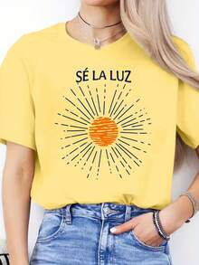 1 pieza de camiseta casual de primavera/verano con estampado de letras en español, camiseta deportiva de manga corta con cuello redondo, top para mujer, 180g 100% algodón. - Negro - Ver 10
