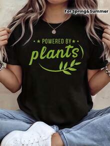 Camiseta de mujer 2026 "Powered By Plants" - Camiseta de manga corta con estampado de hojas, blusa casual de primavera-verano adecuada para uso diario, conjuntos y estilo de vida basado en plantas, lavable a máquina, camiseta sin hojas. - Negro - Ver 1