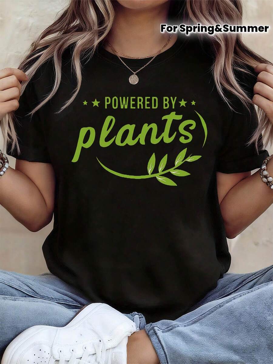 Camiseta de mujer 2026 "Powered By Plants" - Camiseta de manga corta con estampado de hojas, blusa casual de primavera-verano adecuada para uso diario, conjuntos y estilo de vida basado en plantas, lavable a máquina, camiseta sin hojas. - Negro - Ver 1