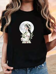 Camiseta de talla grande, vestido tradicional ucraniano con estampado de lirios del valle y luna, camiseta de manga corta de cuello redondo negra para mujer, vestido tradicional ucraniano de lirios del valle, adecuada para primavera, verano y otoño, ajuste cómodo, diseño elegante, versátil y duradera para uso diario, tela suave, estilo moderno, estiliza y favorece al usarla en exteriores, simple y elegante al usarla en interiores, camiseta básica informal para el día a día, 100% algodón. - Negro - Ver 8