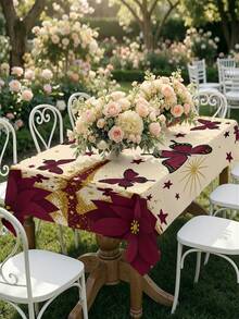 1/2pcs Tablecloth, Vintage Red & Gold Floral Butterfly Pattern Tablecloth, Polyester Material, Suitable For Kitchen, Dining Room, Coffee Table, Picnic, Camping, Countryside Decor, Square Or Round Shape, Holiday Atmosphere Table Decor - Multicolor - View 7