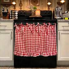 Handmade Oven Skirt, Farmhouse Style Kitchen Decor, With Satin Ribbons, Hanging Ornaments And Ruffle Trims, Rustic Oven Door Curtain Decor, Suitable For Cottage And Daily Kitchen, Room, Home Decoration - 紅色 - 查看 2