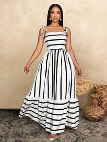 Vestido largo de estilo fluido y con rayas, con tirantes y detalles de recogido en el pecho, adecuado para vacaciones, playa, viajes y uso casual, elegante vestido (Floral aleatorio) - Blanco - Ver 10