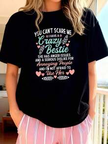 1 Funny Women's T-Shirt With The Phrase "You Can't Scare Me, I Have A Crazy Best Friend" - Soft And Breathable Black T-Shirt With Pink Lettering And Details, BFF Gift For Christmas, Birthday, Casual Crew Neck, Sizes S-180g, 100% Cotton. - 黑色 3 - 查看 12