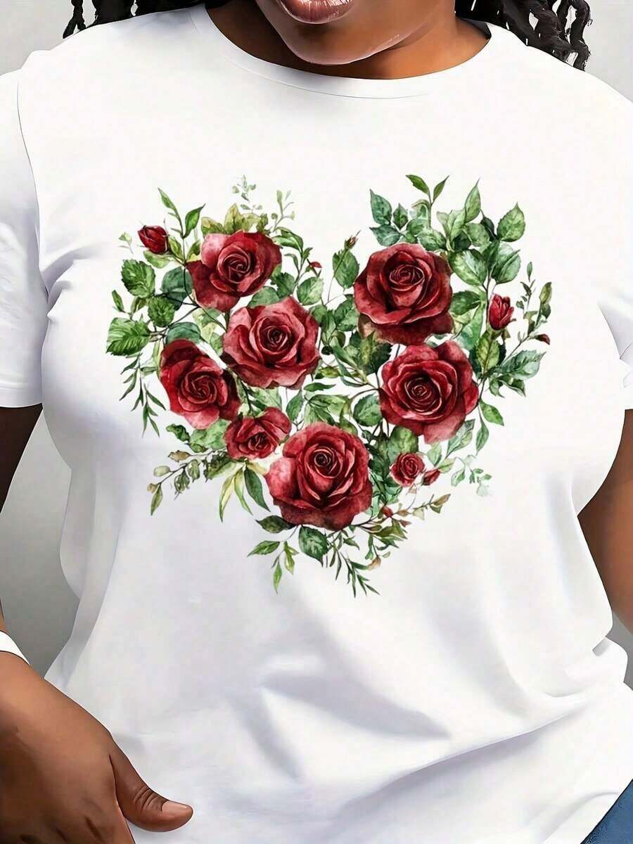 Sudadera con Capucha Moderna y Minimalista para Mujer con Estampado Floral de Corazones - Diseño Elegante de Rosas y Follaje, Camiseta Casual para Uso Diario y Conjuntos Formales - Top Agradable para Todas las Temporadas, Camisetas para Mujer, Camisa, Tela, Ropa de Primavera y Verano, Camisa, Top Texturizado, Blusa Versátil, Blusa Elegante, Material Ligero, Blusa Estampada, Moda Casual para el Día a Día - Blanco - Ver 1