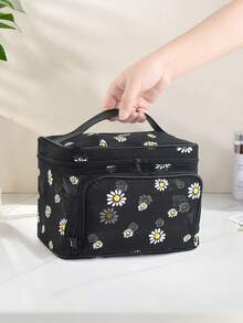 1pc Classic Daisy Mesh Flap Cosmetic Bag, Large Capacity Travel Organizer, Front Opening Portable Toiletry Bag, Transparent Window Skincare Storage Pouch, Girly Travel Essential - Multicolor - View 3