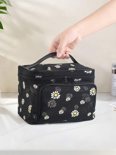 1pc Classic Daisy Mesh Flap Cosmetic Bag, Large Capacity Travel Organizer, Front Opening Portable Toiletry Bag, Transparent Window Skincare Storage Pouch, Girly Travel Essential