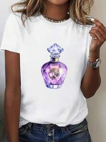 Camiseta Holgada de Cuello Redondo para Mujer Talla Grande - Estampado de botella de perfume negra y morada y patrón de diamantes, top de manga corta de cuello redondo ligero y transpirable, tela no transparente, camiseta cómoda casual de verano para el día a día, adecuada para todas las estaciones, camiseta para mujer, blusas para mujer casual. - Negro - Ver 6