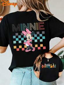 Authentic Disney Minnie Mouse Cartoon Character T-Shirt For Women, Featuring A Colorful Checkered Background With "MINNIE" Lettering And A Classic Disney Park Character Combination Pattern On The Front.Made Of, This New Summer Short-Sleeve T-Shirt - Black - View 5
