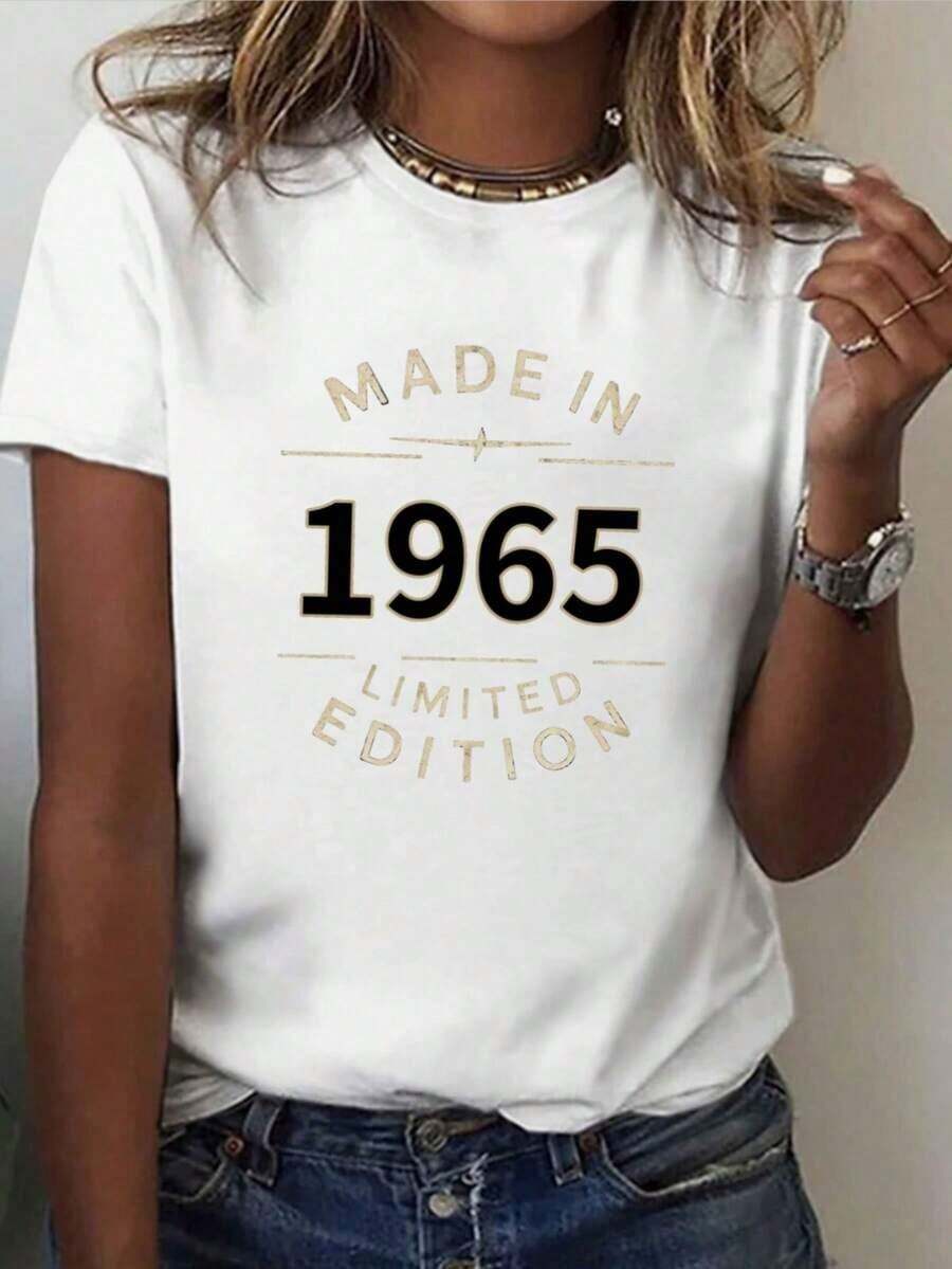 ComfortableCamiseta de manga corta con cuello redondo y estampado de edición limitada de 1965, perfecta para uso casual en primavera y verano, diseñada para mujerFashion All-match Women's Short Sleeve T-shirt, Basic Style for Inner & Outer Wear - Blanco - Ver 1