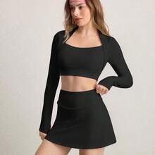 Yunuo Menswear Eassivo Eassivo Conjunto de top corto de manga larga y falda pantalón - Falda de talle alto con forma de A y pantalón corto incorporado, top corto con abertura para el pulgar y cuello envolvente, de secado rápido y estiramiento en cuatro direcciones para tenis y yoga, Conjunto de 2 piezas negro, falda y top, Conjunto de 2 piezas para mujer, Conjunto de falda y top corto negro, Conjunto de 2 piezas de verano para mujer - Verde - Ver 7