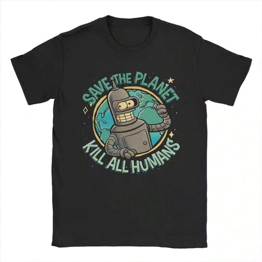 Creative And Fun Short Sleeve T-Shirt With Cartoon Robot Design, European And American Style, For Men And Women. - 白色 - 查看 1