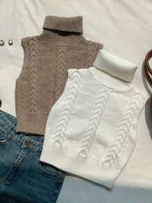 Conjunto de 2 piezas de top de punto sin mangas de cuello alto informal - Multicolor - Ver 5