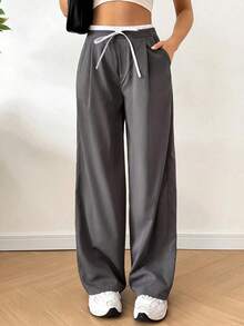 Mujeres Pantalones anchos de moda y casuales con diseño de cintura ajustable con lazo - Gris - Ver 4