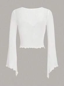 Camiseta de manga larga con cuello de corazón, bajo asimétrico y fruncido frontal en unicolor para mujer - Blanco - Ver 2