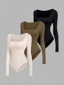 Set de 3 bodys de manga larga para mujer en color albaricoque, marrón café y negro, de ajuste ceñido y estilo minimalista y versátil para el día a día - Multicolor 7 - Ver 1
